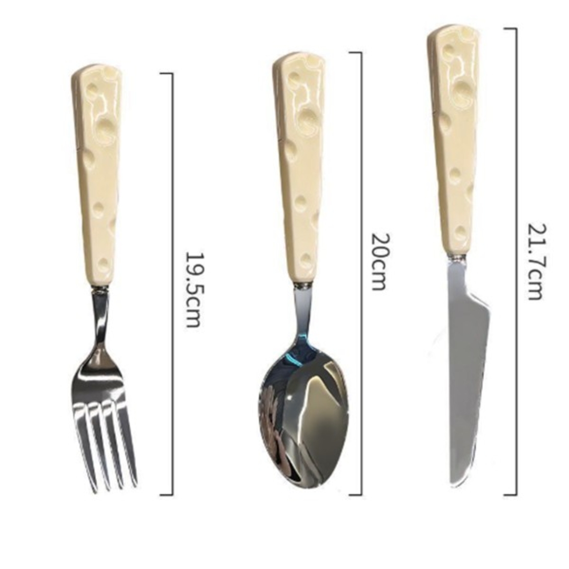 Tacamuri pentru Copii, Flippy, Set 3 Piese, Tacamuri pentru Dejun, Lingura Furculita Cutit, Stil Italian, Manere forma Cascaval Plastic, Inox, 23 cm, Auriu