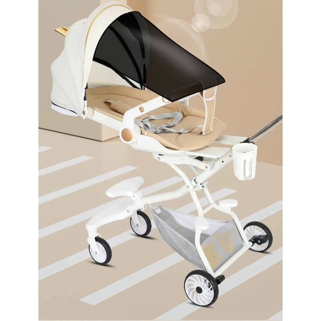 Carucior Sport Flippy 3in1, 6-36 Luni, Reversibil, Pliabil, Tavita pentru Masa, Pozitie de Somn, Centura de Siguranta, Roti 360, Suport Pahar, Copertina pentru Soare, 32x63x95cm, Alb, Model Ursulet