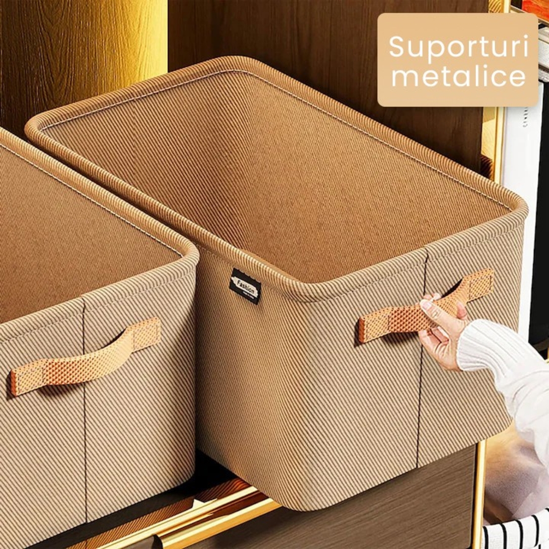 Cutie Depozitare Flippy, pentru Haine, lucruri, din Textil cu Cadru Metalic, Manere Laterale, forma Dreptunghiulara, 35 x 25 x 22cm, volum 19 L, Kaki