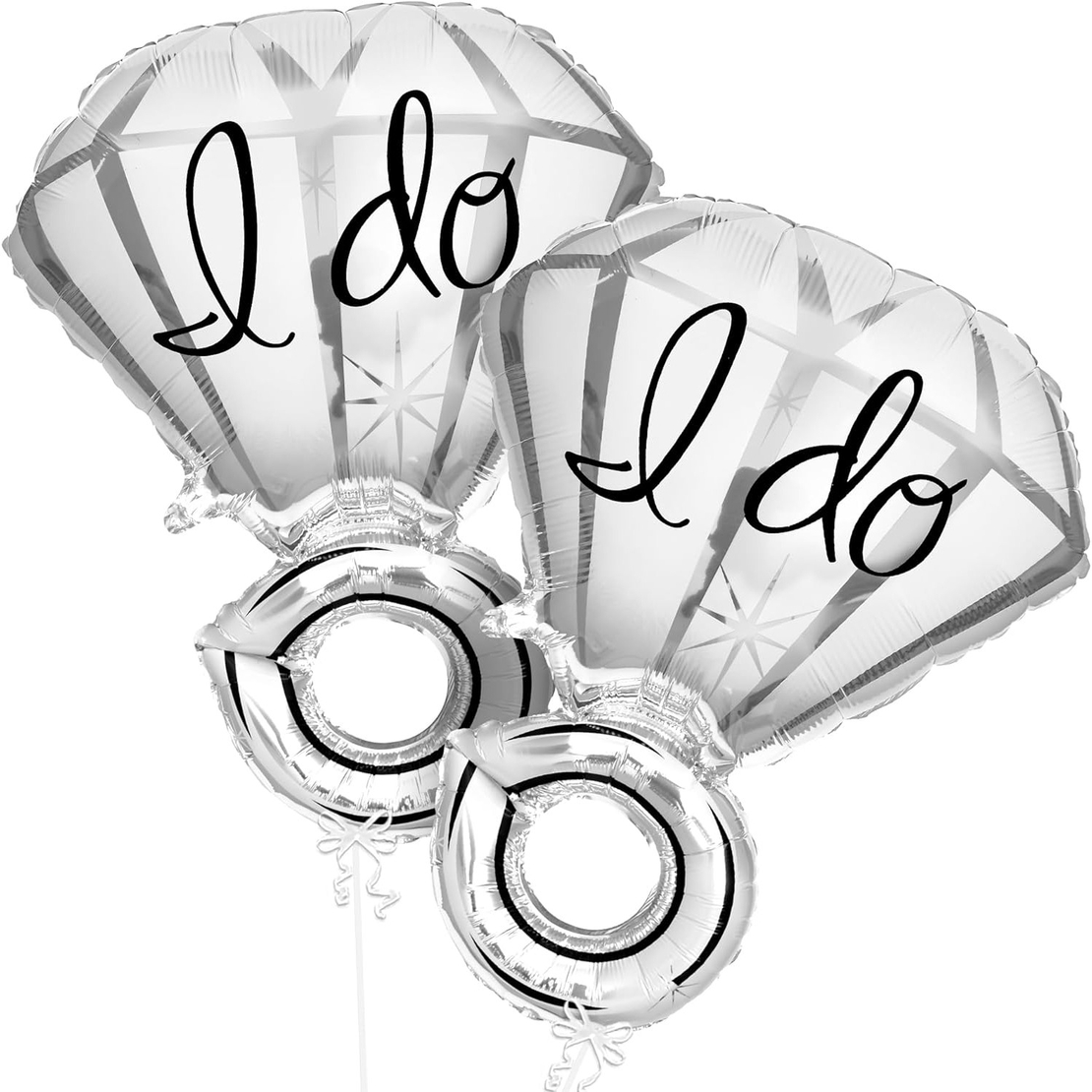 Balon din Folie Metalizata, Flippy, Figurina Inel de Logodna, Model Diamant, Tema Nunta, 60 cm, Ambalaj Individual, Pai Inclus, Umflare cu Aer sau Heliu, Alb