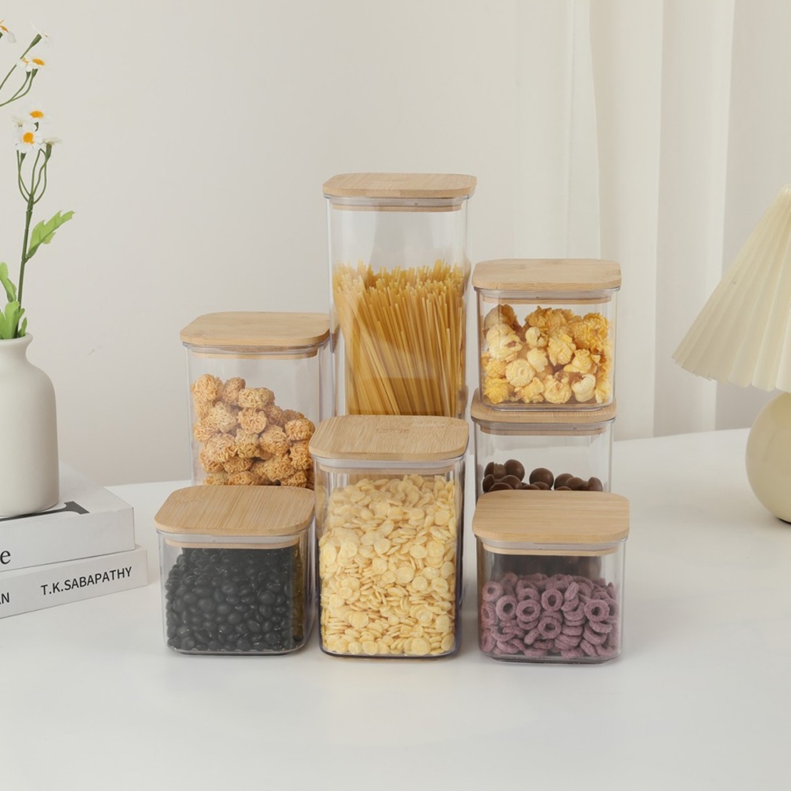 Cutii de Depozitare Alimente, Flippy, Set din 7 Cutii de tip Container, Cutii pentru Cereale, din Plastic, Capac din Bambuc, 2pc 0.5 l, 2pc 0.8 l, 2pc 1.2 l, 1pc 2.5 l, Transparente
