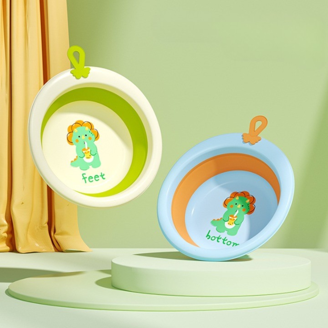 Cada Pliabila pentru Baie pentru Copii, Flippy, Cadita pentru Bebelusi, Model Rotund cu Dinozaur, Verde, 30x30x3.7 cm, 4L