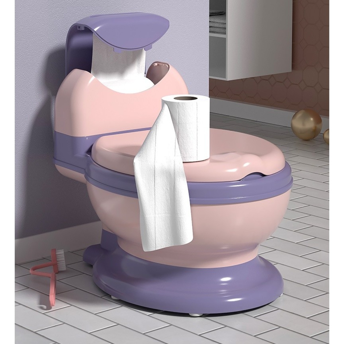 Olita Bebelusi, Flippy, pentru Copii 1 - 8 Ani, Model Toaleta Adulti, Colac Moale PVC, Compartiment Detasabil, Cutie Depozitare Hartie, 34 x 32 x 19 cm, Roz/Mov