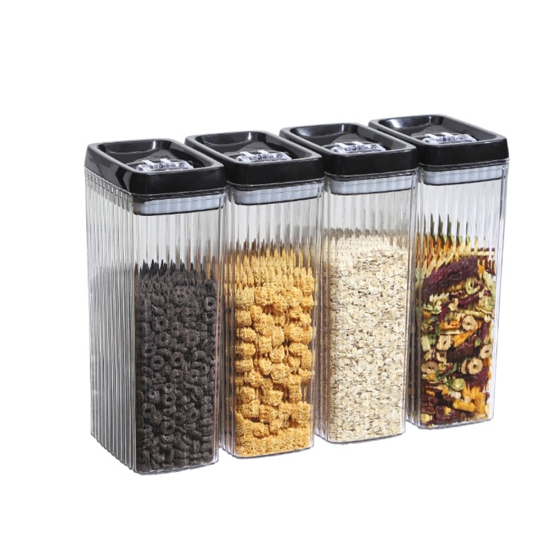 Set 4 Recipiente din Plastic, Flippy, pentru Alimente/Obiecte, Inchidere Ermetica, Textura Ondulata, 4 x 3.3 l, Transparent
