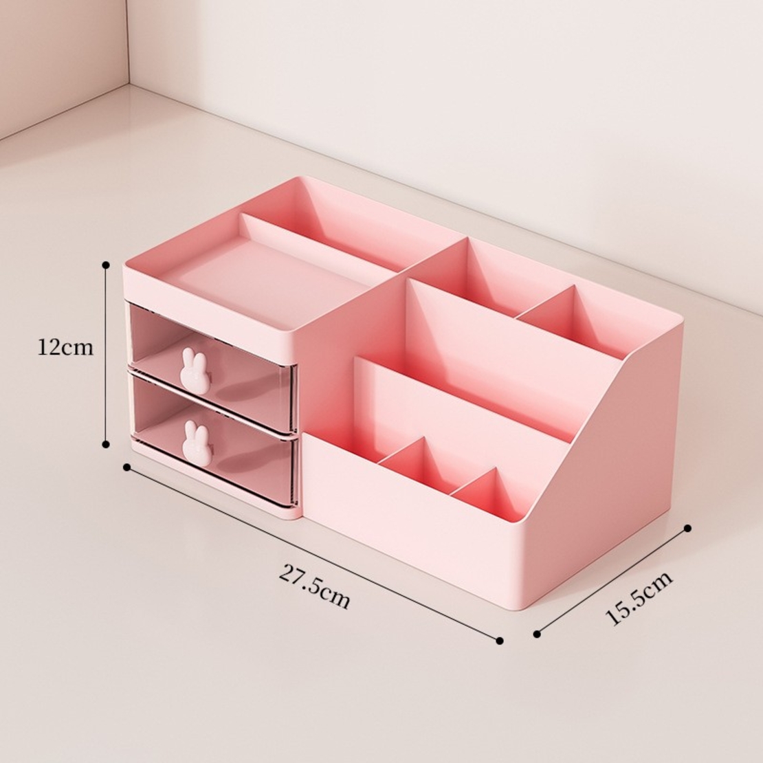 Cutie de Depozitare pentru Birou, Flippy, Pentru Makeup, Papetarie, Organizator Cosmetice, 2 Sertare si Compartimente Multiple, Model Iepuras, Plastic, 27.5x15.5x12 cm, Roz