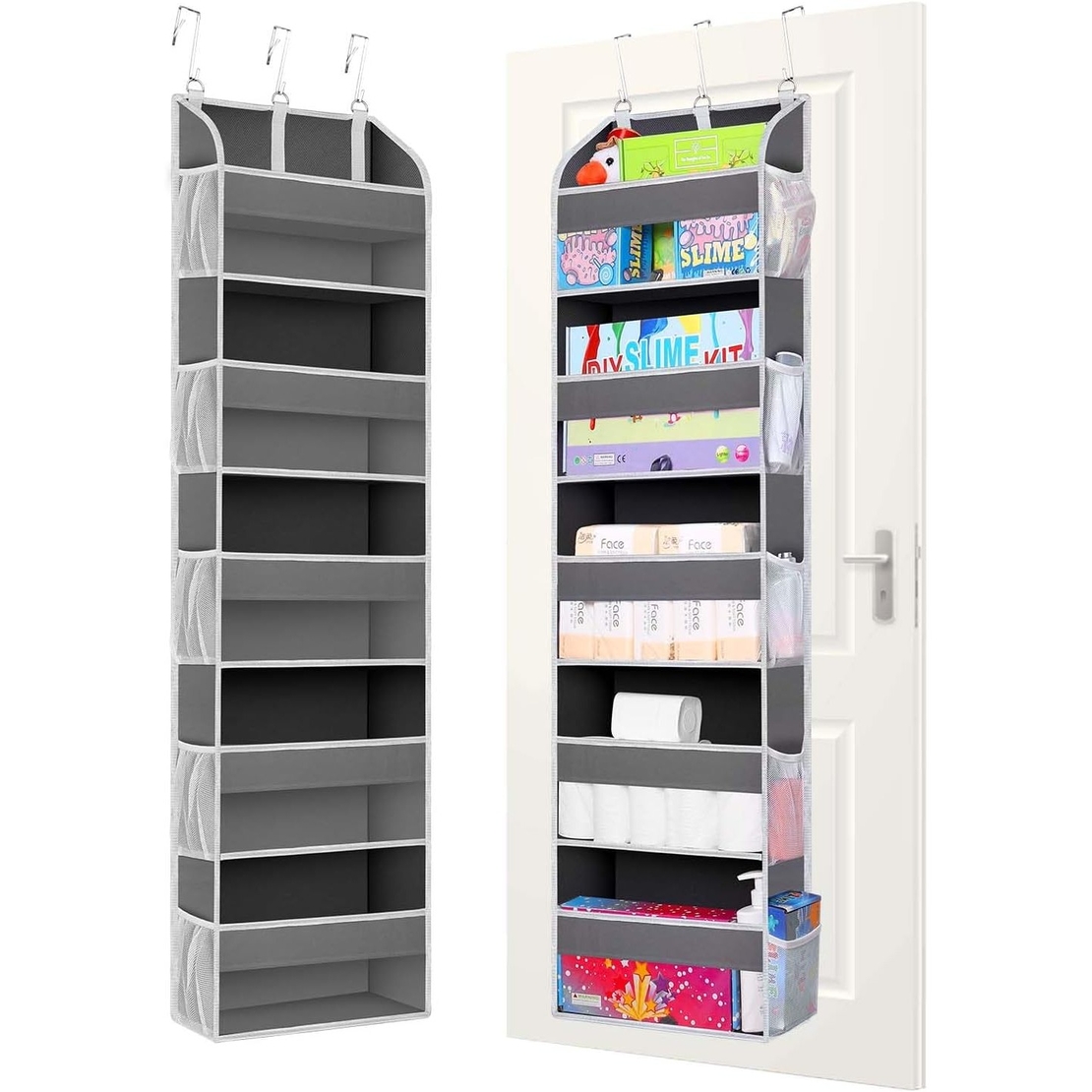 Organizator Suspendat pentru Usi, Flippy, din Nailon si Plasa, Baza de Carton Ingrosat, 5 Buzunare Principale + 10 Buzunare Laterale, 140 x 39 x 17 cm, 3 Carlige Incluse, Gri