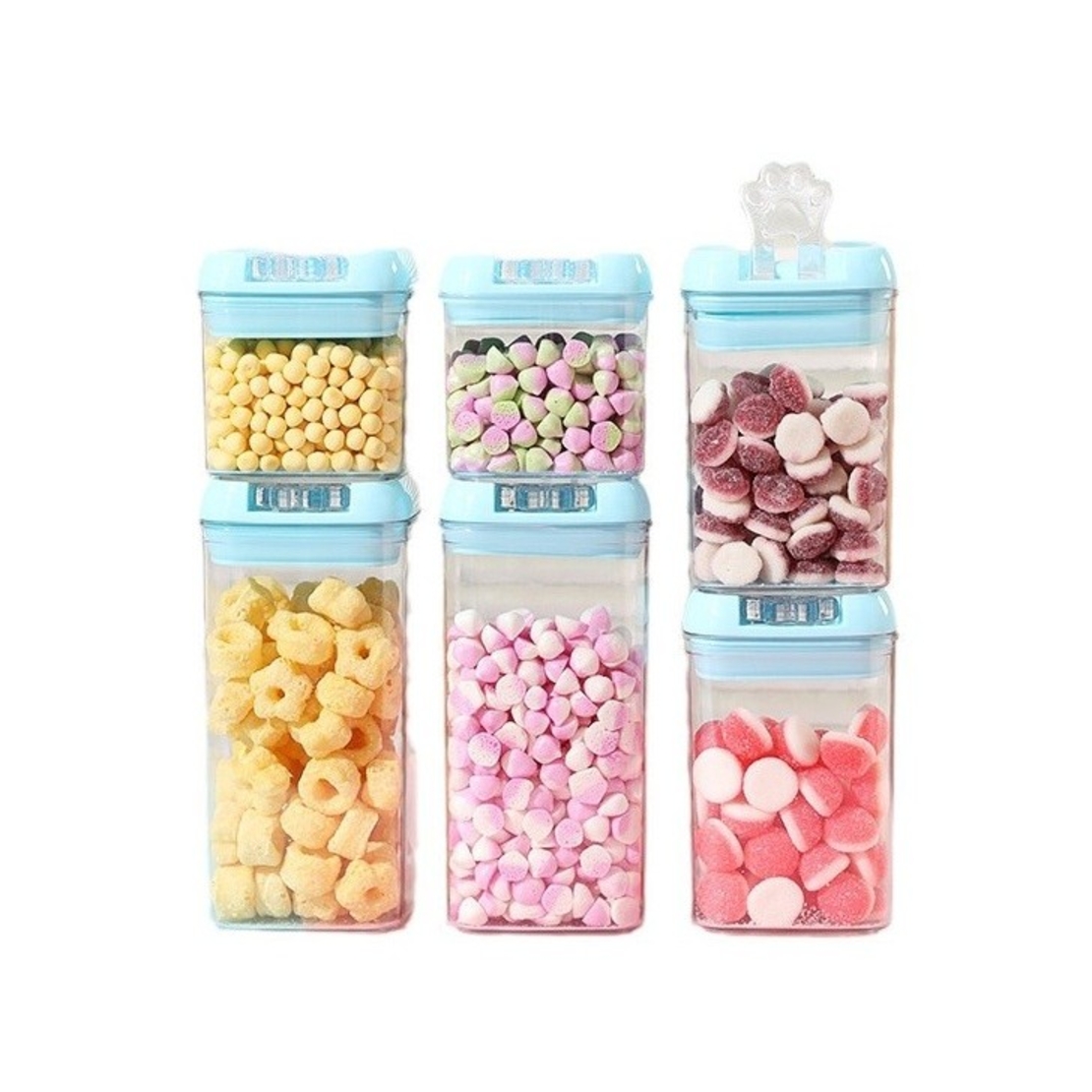 Set 6 Cutii de Depozitare Alimente, Flippy, 2 x 500ml, 2 x 800ml, 2 x 1200ml, Capac Albastru, din PP+PET, Inchidere Ermetica, Transparent