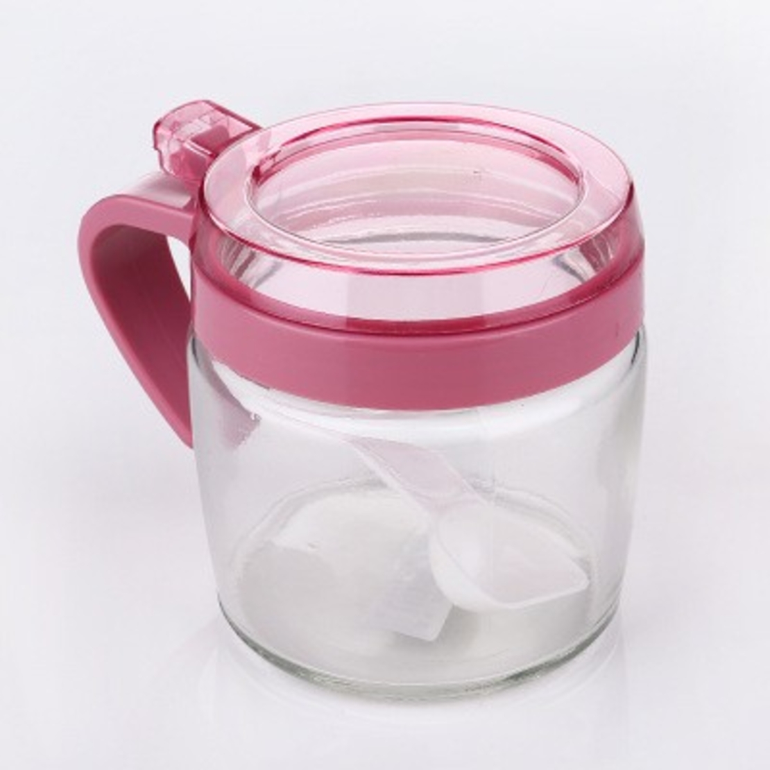 Recipient Condimente, Flippy, din Stilca, 180 ml, cu Maner si Lingurita, 8 x 9 cm, Capac Transparent, Roz