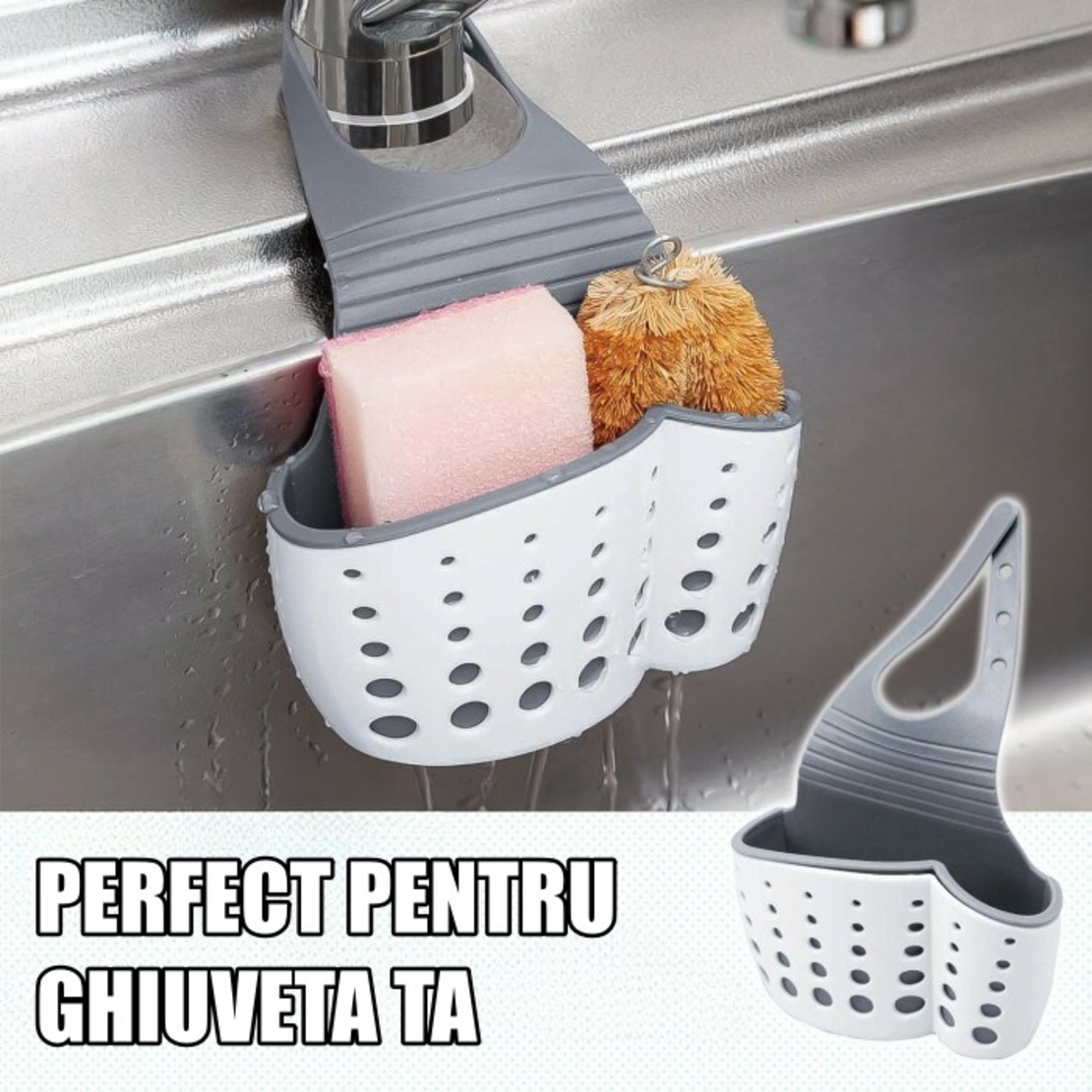 Suport Scurgere pentru Burete si Laveta de Vase Bucatarie, Flippy, Albastru, Curea Reglabila, Plastic Flexibil, 15x 5x 21cm