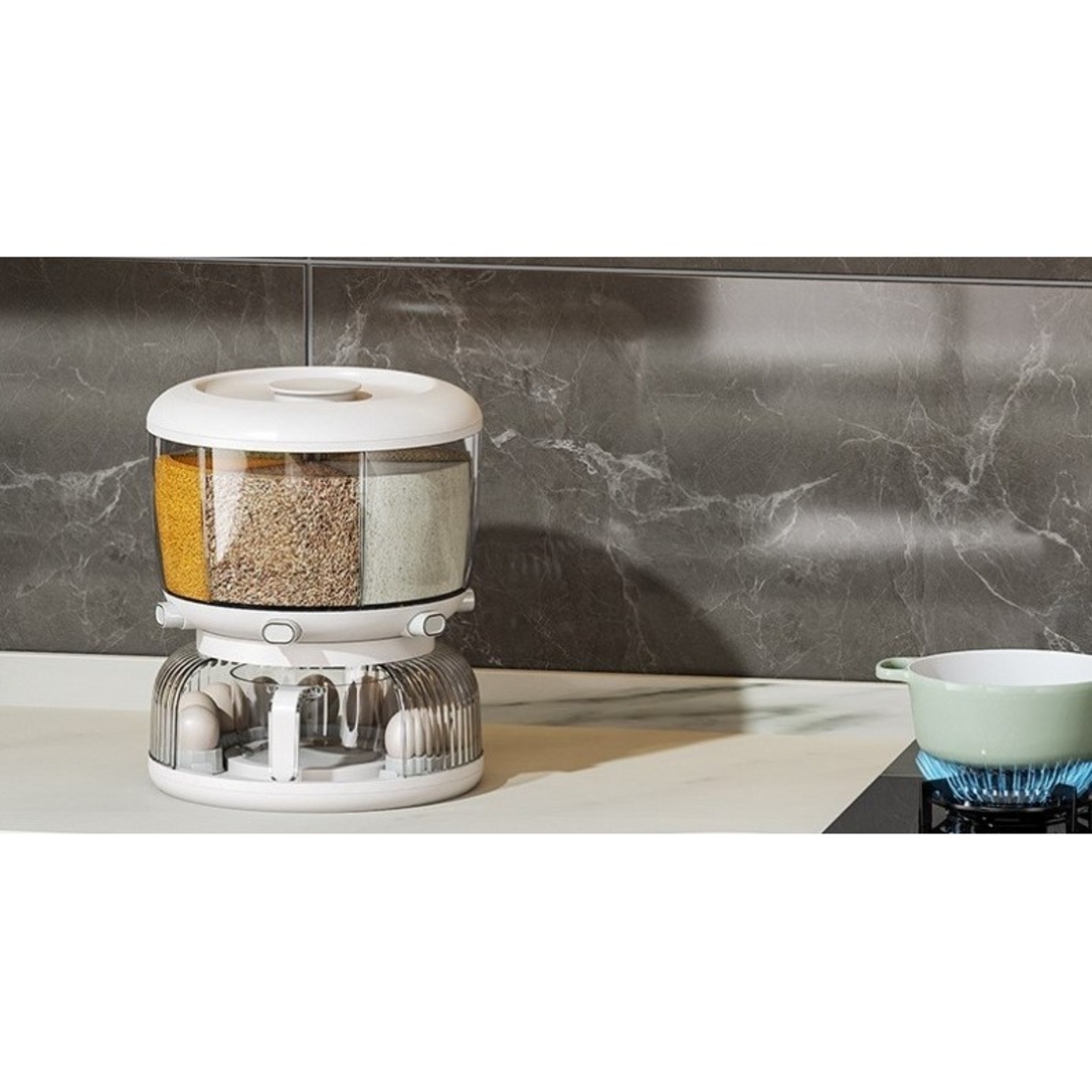 Dozator etajat de cereale Flippy, rotativ 360, 6 compartimente, capacitate 10L, cofrag special pentru oua, vas pentru scurgerea cerealelor, 35x27.5 cm, alb