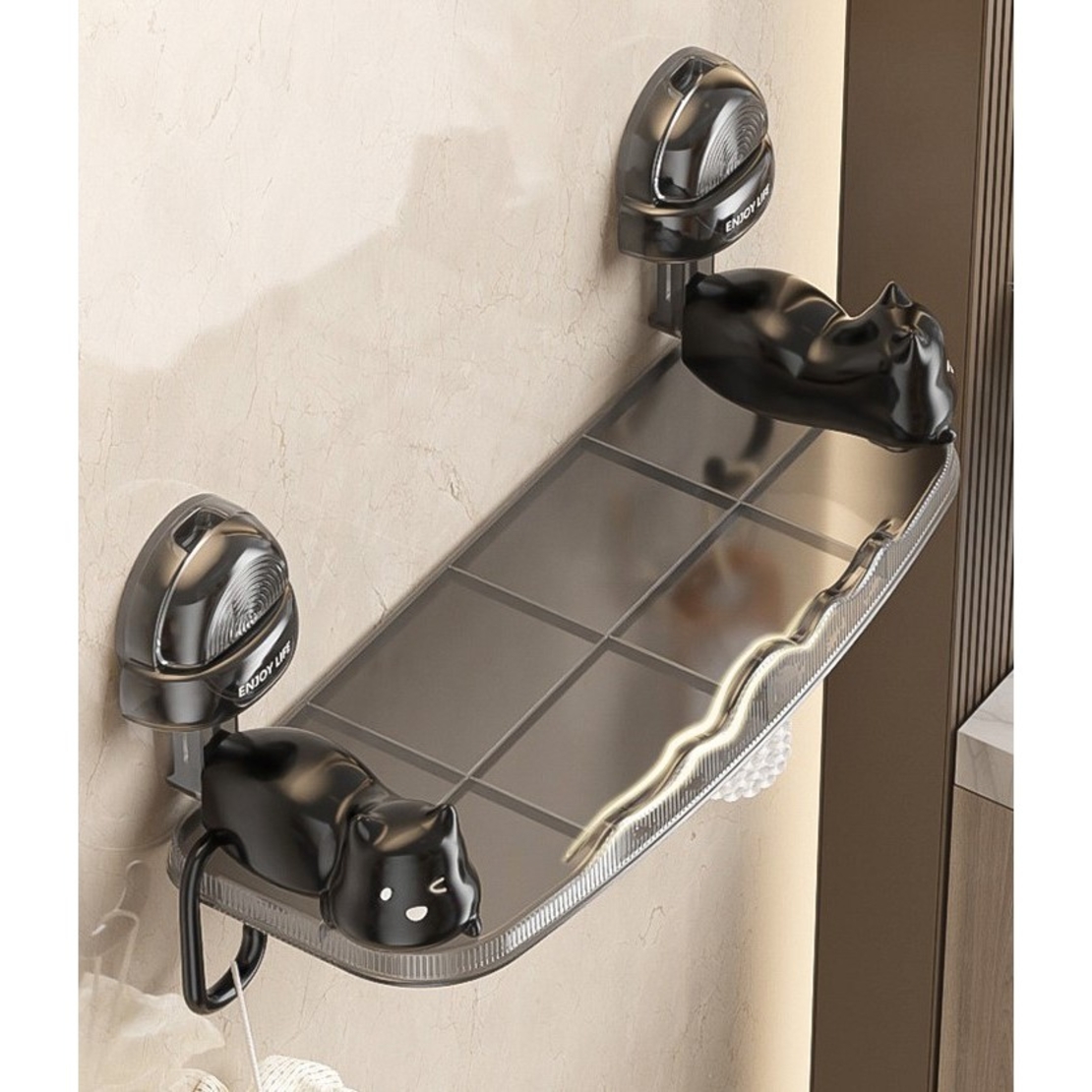 Suport pentru Baie, Flippy, Montare pe Perete, Model Pisicute, ABS, Adeziv, Raft pentru Depozitare, 33.4x17.7 cm, Negru