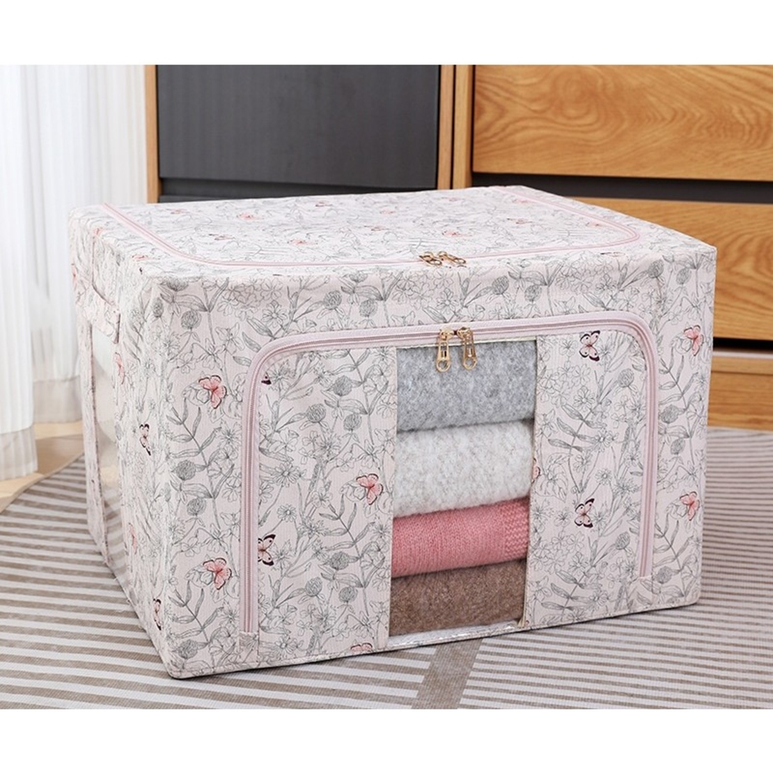 Cutie Depozitare, Flippy, 66L, din Material Textil, 50 x 40 x 33 cm, pentru Haine si Lenjerii, Model Fluturasi, Roz