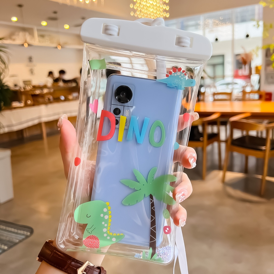 Husa subacvatica Glitter Kids Waterproof Flippy, Snowproof, Universala, cu Snur, pentru telefon sau documente, Dino, Alb