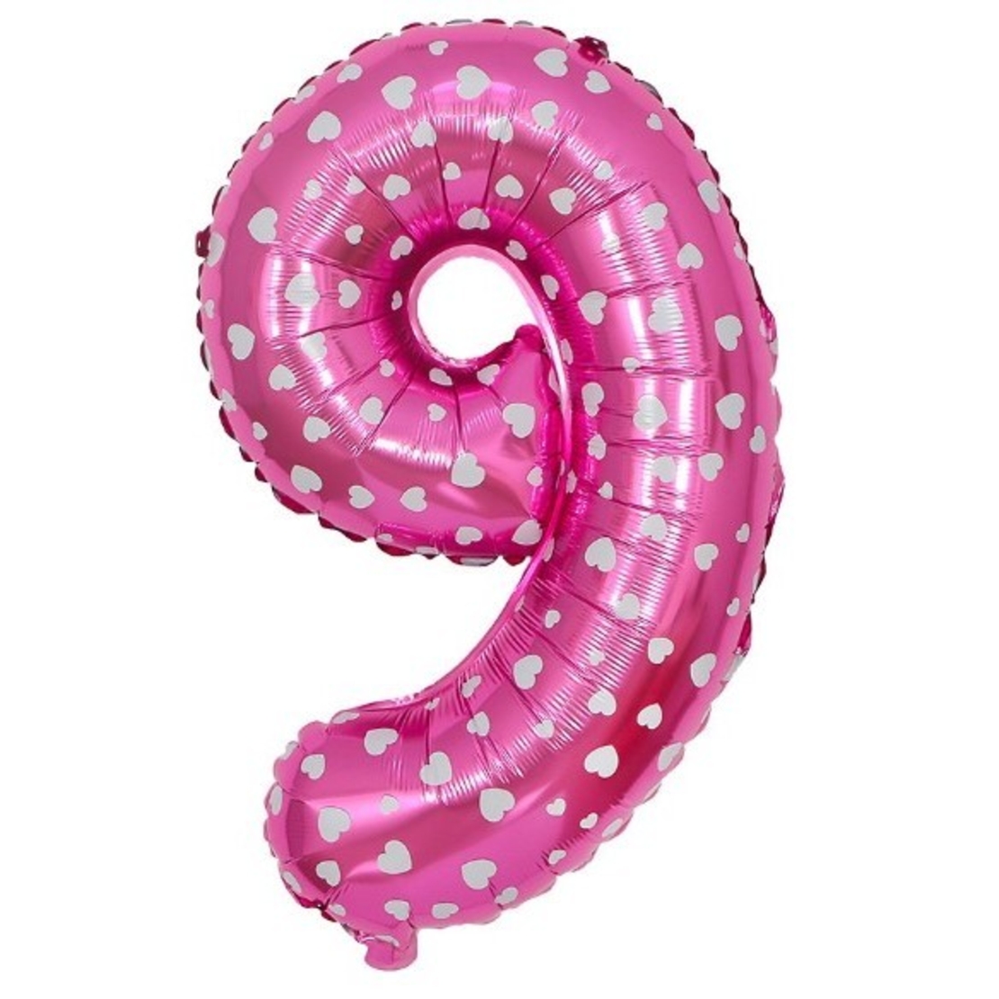 Balon din Folie Metalizata Flippy, Figurina Cifra, Imprimeu Inimi, Tema Aniversare 80 cm, Ambalaj Individual, Pai inclus, Umflare cu Aer sau Heliu, Roz, Cifra 9