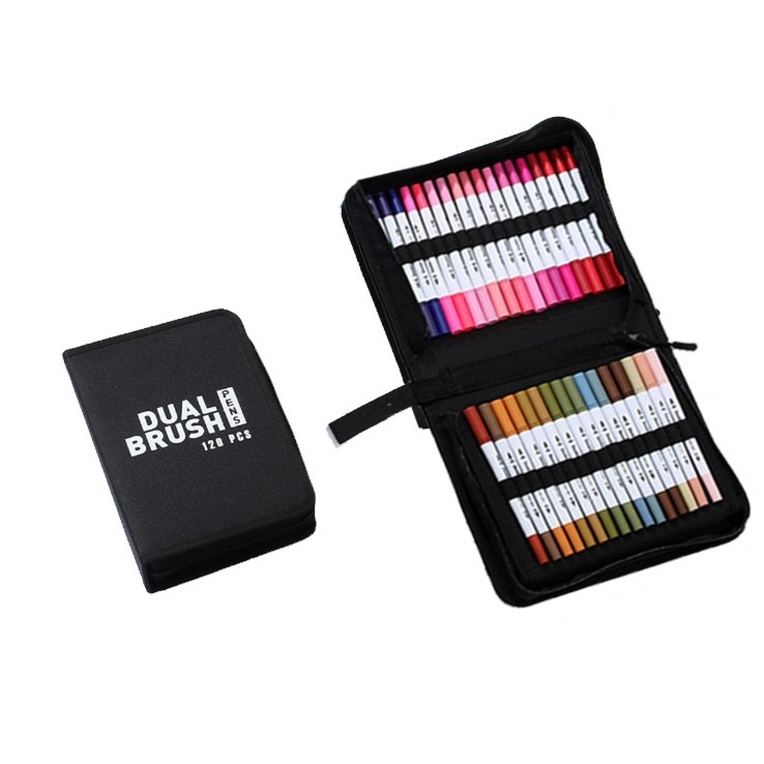 Set Carioci pe Baza de Apa, Flippy, 2 in 1, pentru Pictura, Caligrafie, 120 Culori, Penar Negru, Corp Carioca Alb, 27.5 x 19.5 x 8 cm, Multicolor