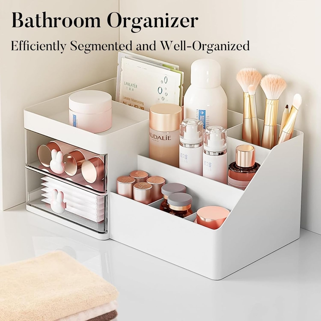 Cutie de Depozitare pentru Birou, Flippy, Pentru Makeup, Papetarie, Organizator Cosmetice, 2 Sertare si Compartimente Multiple, Model Iepuras, Plastic, 27.5x15.5x12 cm, Alb
