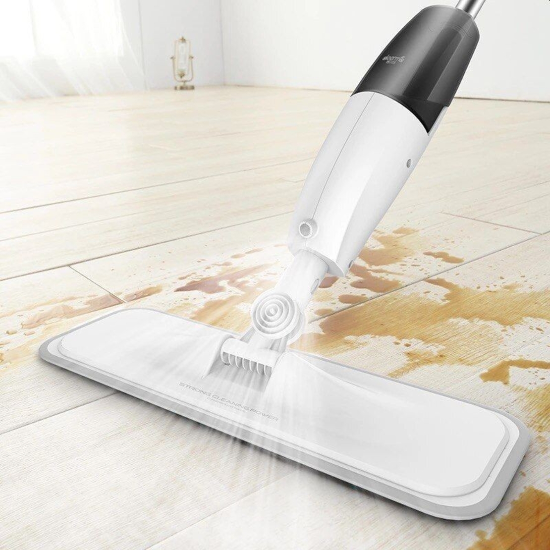 Mop plat, Flippy, cu pulverizator, pentru uz casnic, plastic, rezerva de mop din microfibra, 125x40 cm, Alb/Negru