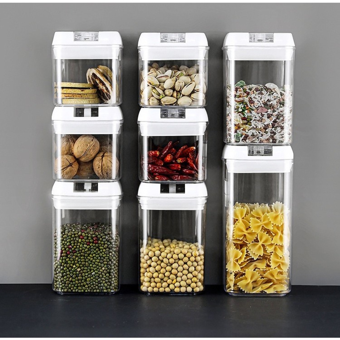Set 7 Recipiente din Plastic, Flippy, pentru Alimente/Obiecte, Inchidere Ermetica, 2 x 0.5l, 2 x 0.8l, 2 x 1.2l, 1 x 1.9 l, Capac Alb, Transparent