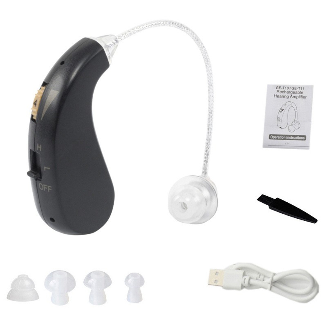 Aparat auditiv retroauricular BTE Reincarcabil, Flippy, Set 2 bucati Stinga Dreapta, Standard European, Aparat auditiv Cu incarcator, Aparat pentru Auz, 12 x 8.5 x 4 cm, 89 g, Negru