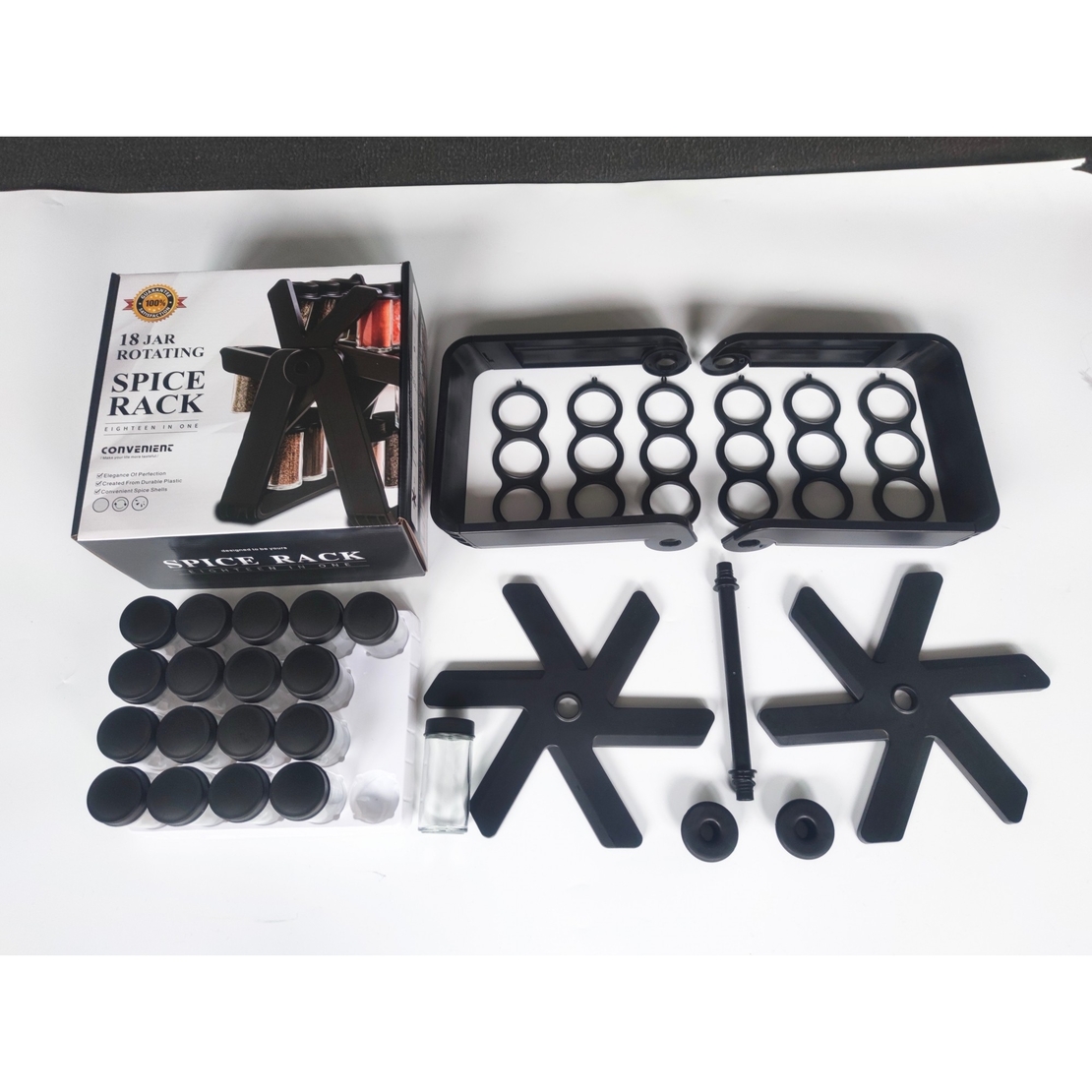 Suport Pentru Condimente Rotativ, Flippy, Multifunctional, Pivotant 360°, Portabil, Usor de Montat, 34x23 cm, ABS/Sticla, Negru