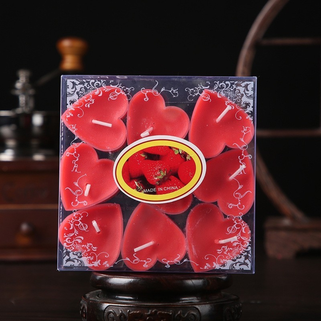 Set 9 Lumanari in Forma de Inima, Flippy, pentru Ziua Indragostitilor, Aroma de Capsuni, Ardere 3.5 h, din Parafina, 4 x 2 cm, Rosu