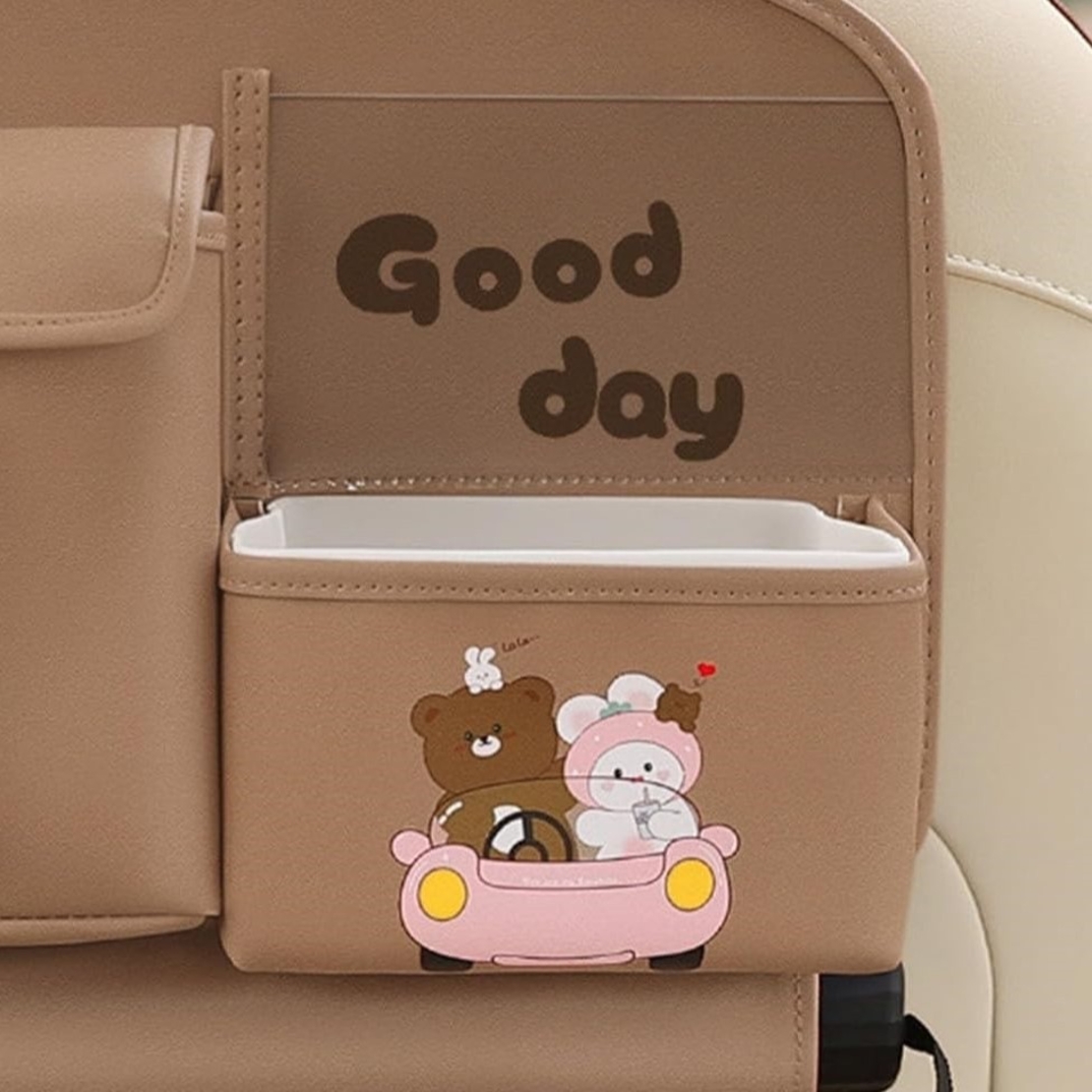 Geanta Multifunctionala de Depozitare, Flippy, pentru Bancheta din Spate a Masinii, Animat, Model Ursuleti, Scris Good Day, Suport Servetele si Telefon, 25x31 cm, Maro