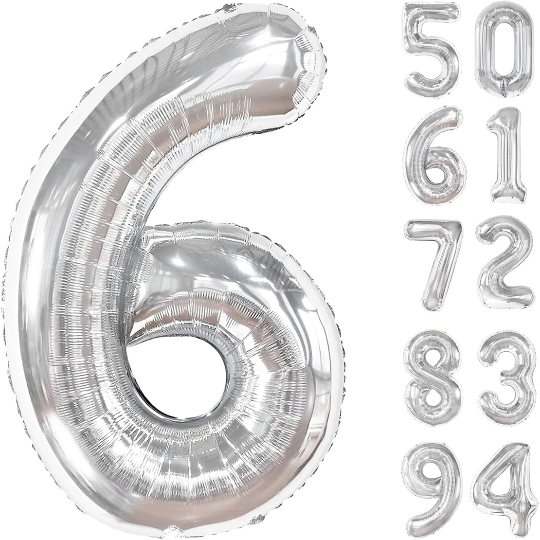 Balon din Folie Metalizata, Flippy, Figurina Cifra, Tema Aniversare 80 cm, Ambalaj Individual, Pai inclus, Umflare cu Aer sau Heliu, Argintiu, Cifra 6