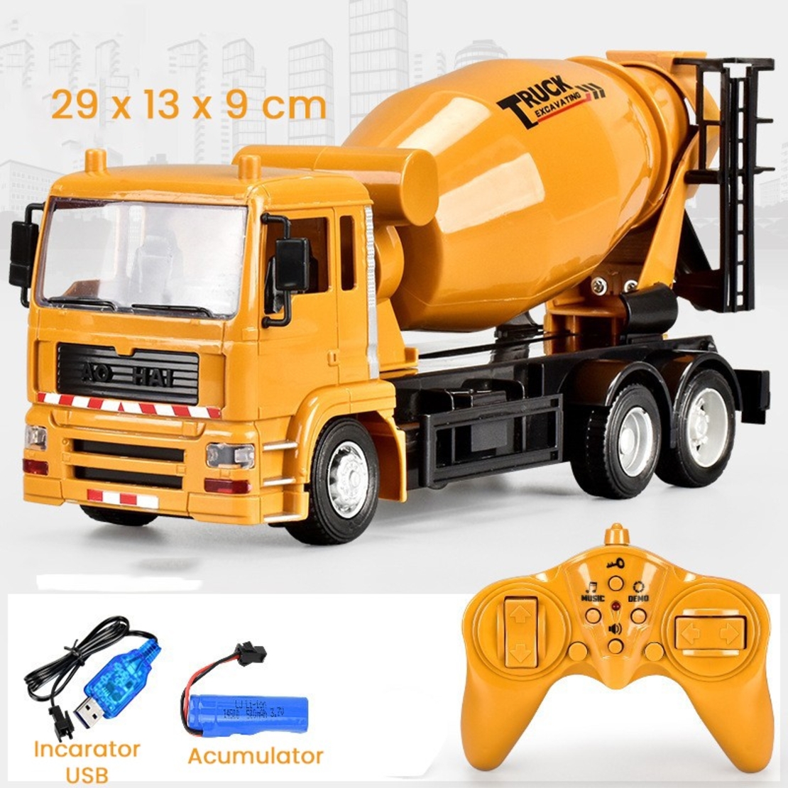 Camion Betoniera Jucarie pentru Copii, Flippy, Jucarie Camion Betoniera cu Telecomanda, Jucarie de Constructie, Acumulator cu Incarcare USB, 29 x 13 x 9 cm, Galben