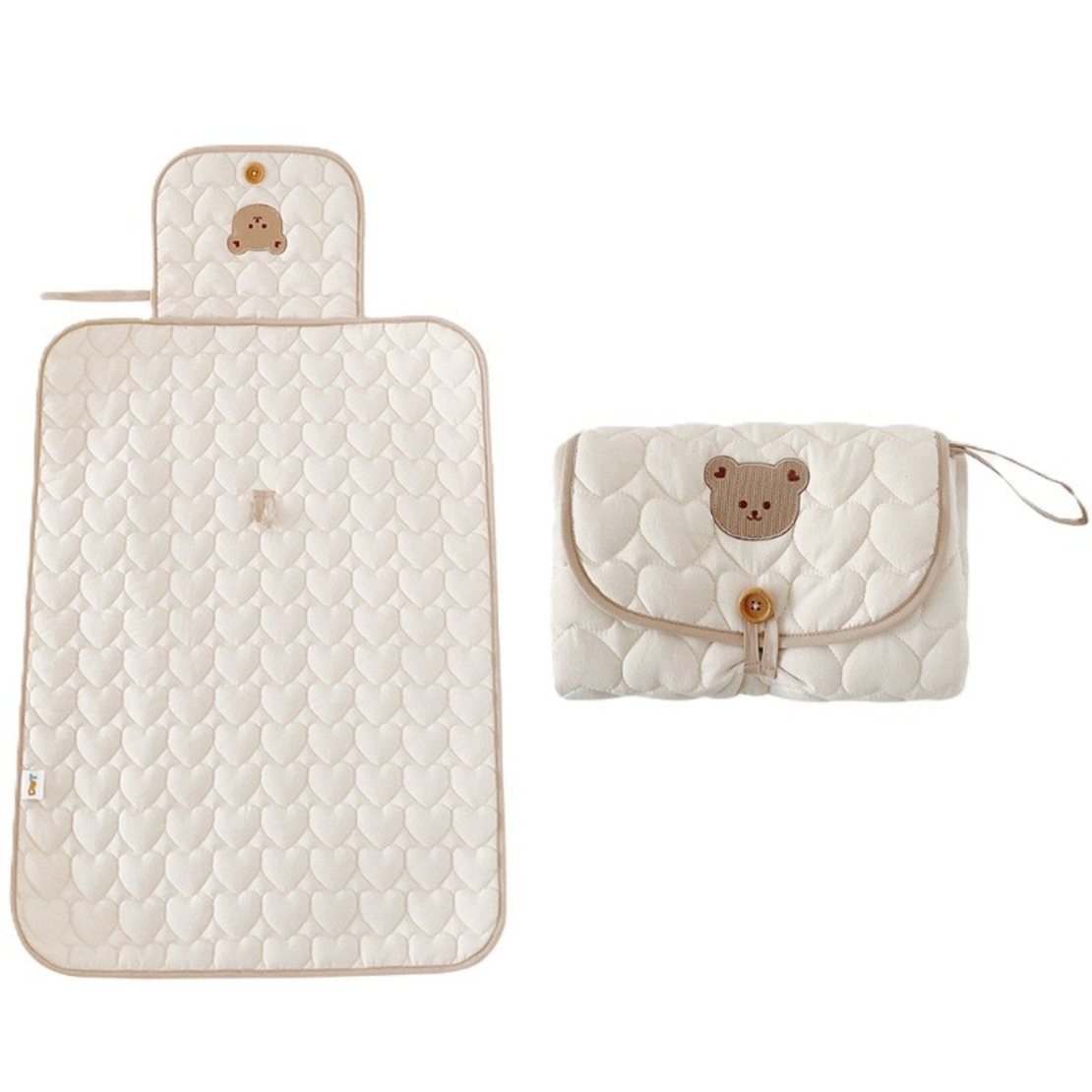 Patura Multifunctionala, Flippy, pentru Schimbat Scutec, Impermeabila, din Bumbac, 50 x 70 cm, Portabila, Model Ursulet, Bej