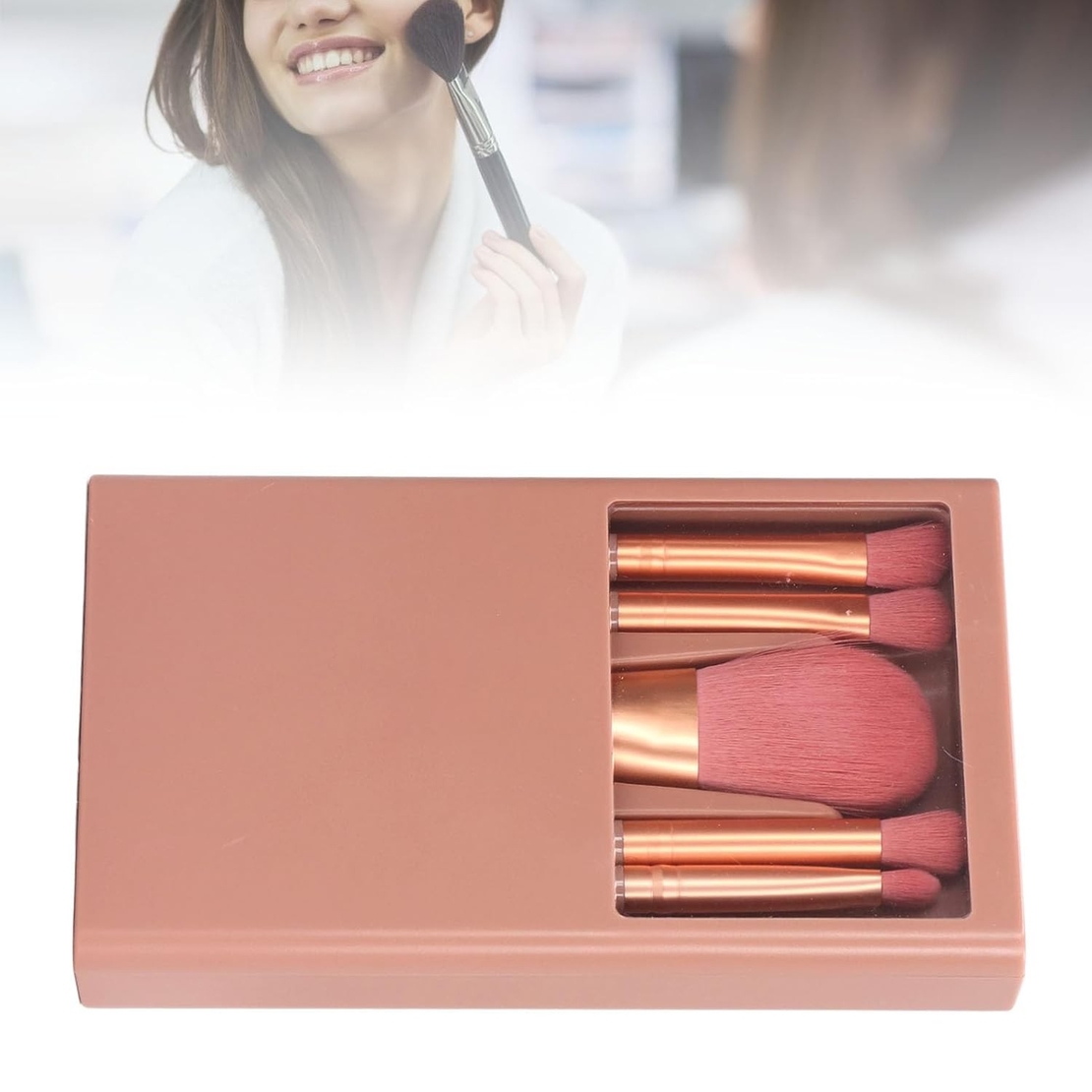 Set 5 Pensule de Machiaj cu Peri Moi, Flippy, cu Suport pentru Depozitare si Oglinda, Roz Inchis