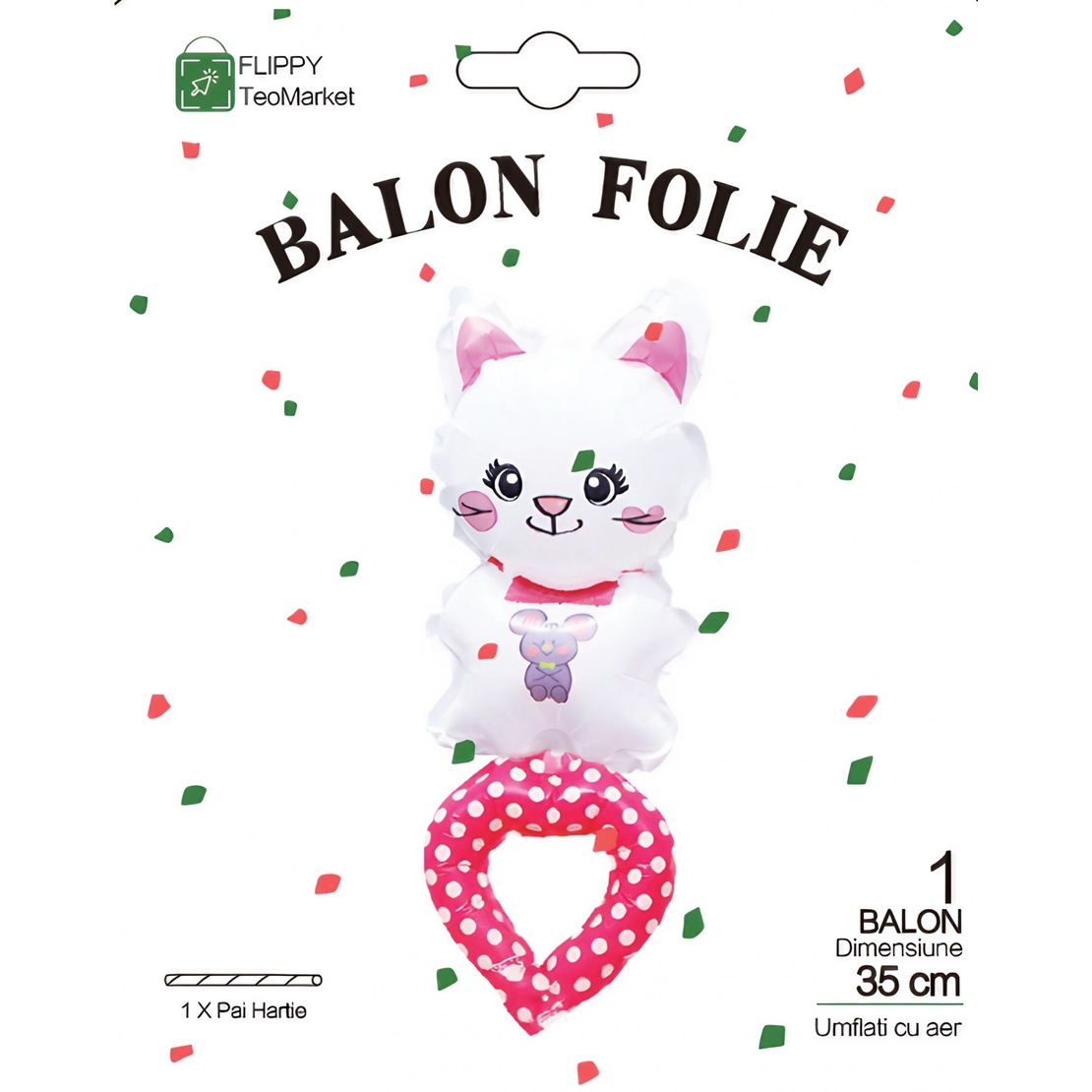 Balon din Folie Metalizata, Flippy, Figurine Animalute, Tip Bratara, Model Pisica, 13 x 35 cm, Ambalaj Individual, Pai Inclus, Umflare cu Aer sau Heliu, Alb