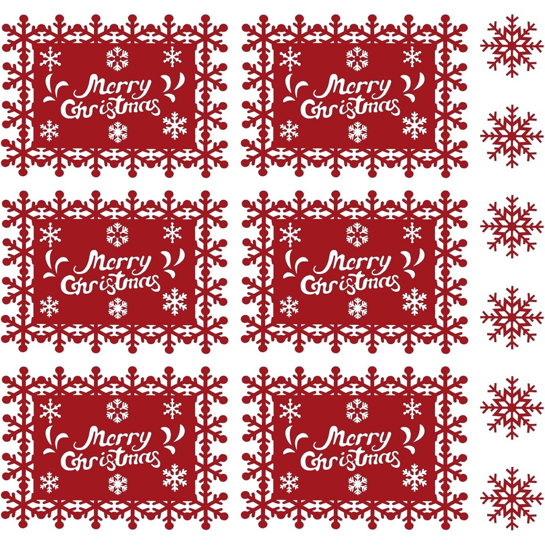 Set 12 Servete pentru Masa si Suporturi de Pahare/Tacamuri, Flippy, Scris Merry Christmas, 6 Servete 25x35 cm, 6 Suporturi de 10x10 cm, Rosu