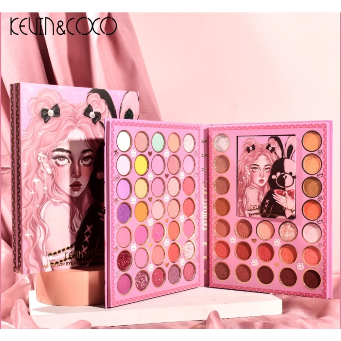 Set farduri 2 in 1 Kevin&Coco, paleta 62 nuante, mini paleta iluminator tip carte, rezistenta ridicata, 22 x 17 cm, 430 g, multicolor