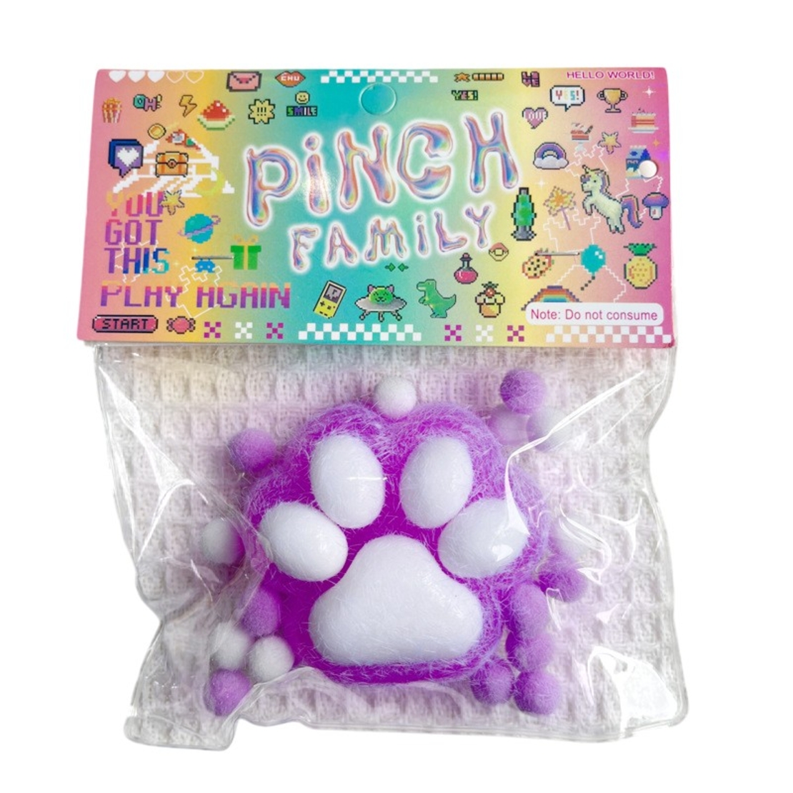 Jucarie Antistres Squishy, Flippy, cu Revenire Lenta, Squeeze Pinch Family, Model Labuta de Pisica Pufoasa, 6x6 cm, 72g, Ambalaj Transparent, Mov-Alb