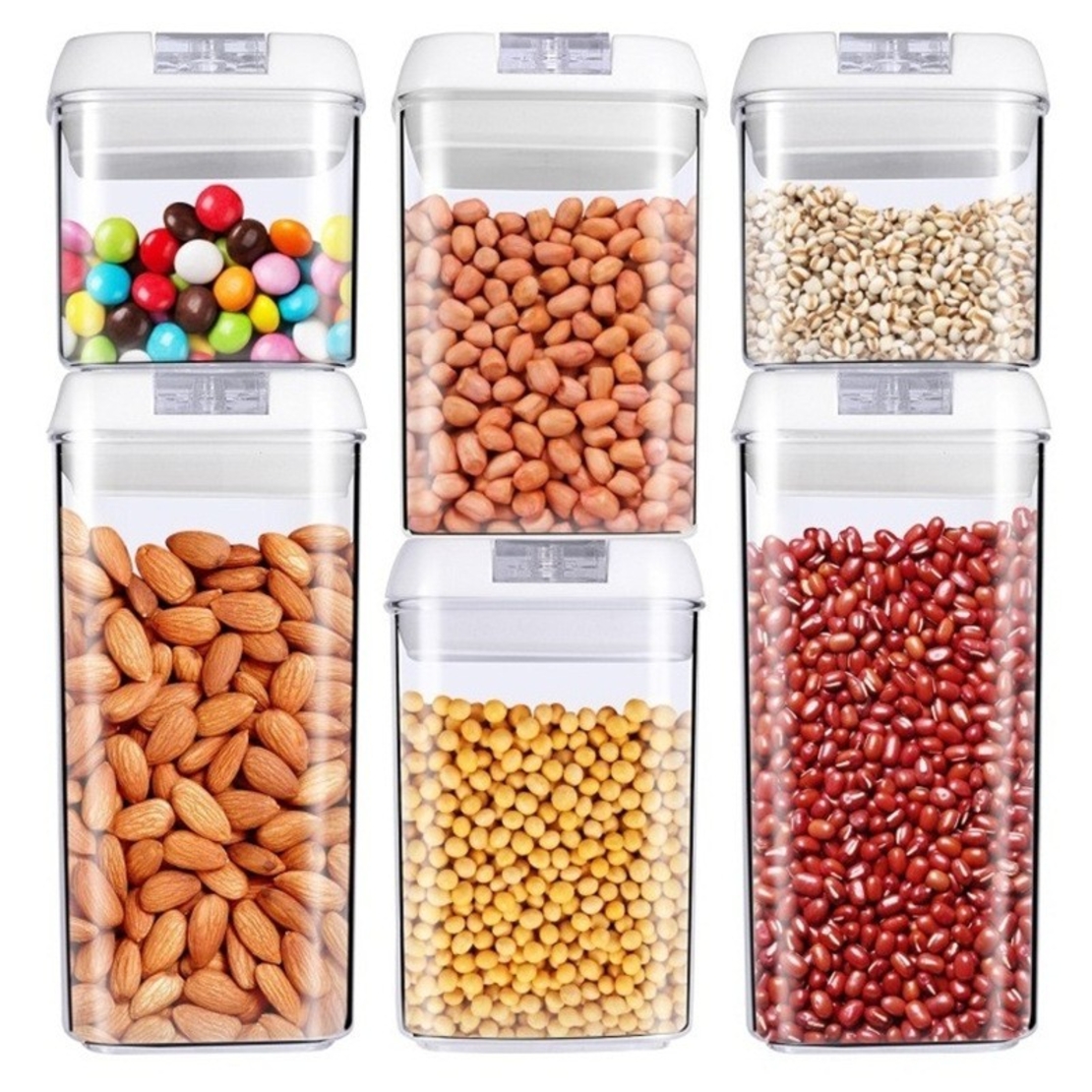 Set 6 Recipiente din Plastic, Flippy, pentru Alimente/Obiecte, Inchidere Ermetica, 2 x 0.5l, 2 x 0.8l, 2 x 1.2l, Capac Alb, Transparent