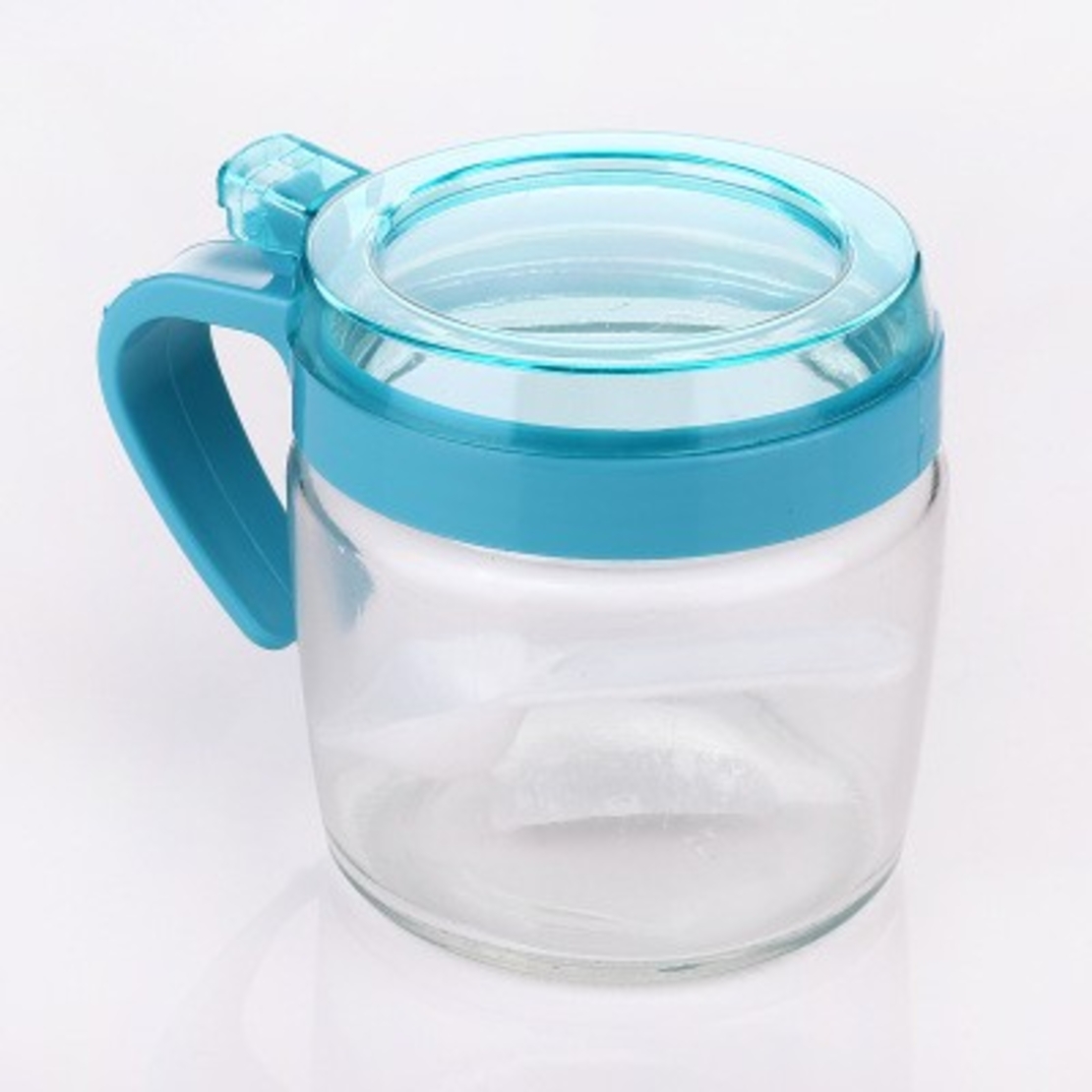 Recipient Condimente, Flippy, din Stilca, 180 ml, cu Maner si Lingurita, 8 x 9 cm, Capac Transparent, Albastru