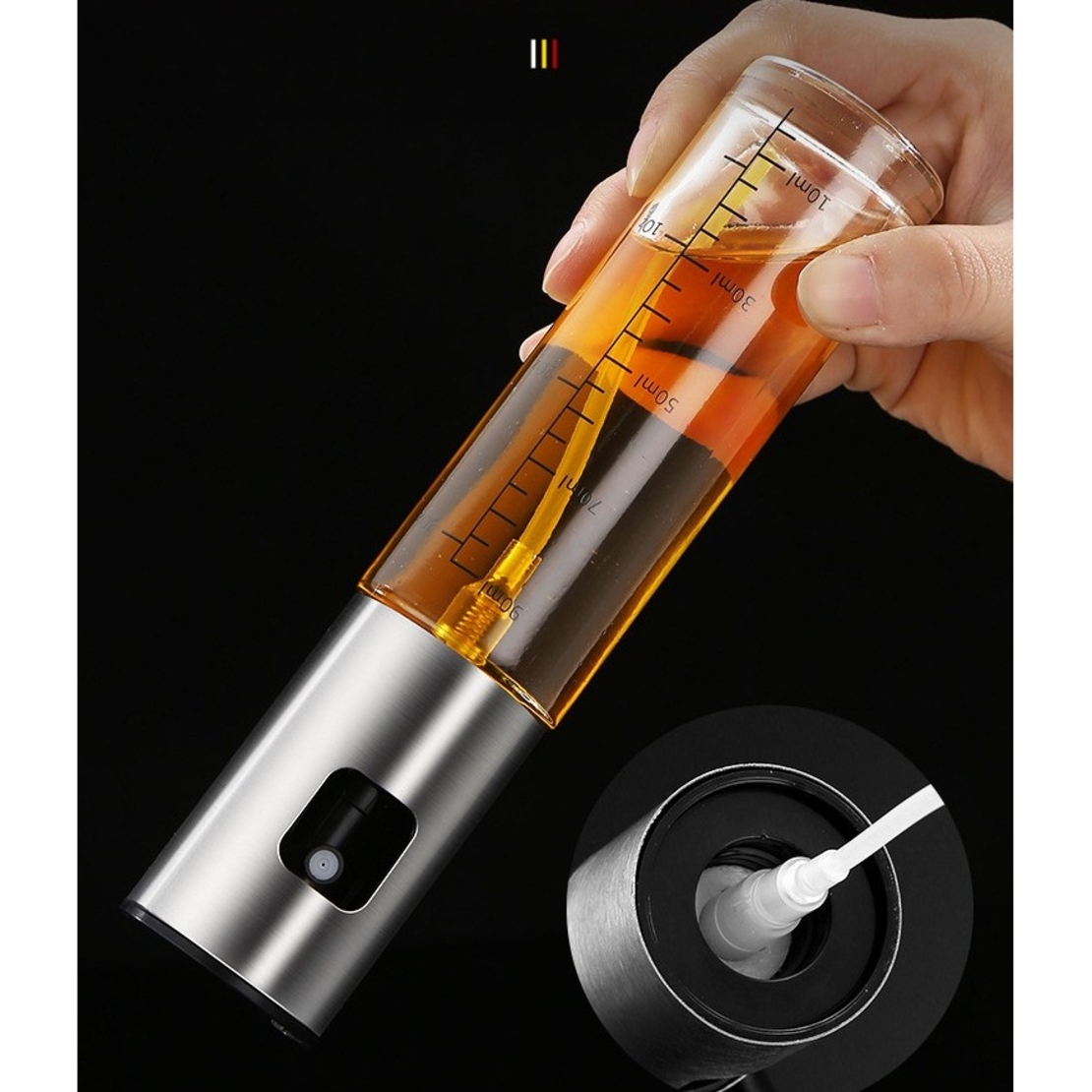 Pulverizator Ulei, Otet, Flippy, din Sticla, 100 ml, Reincarcabil, 18.3 x 4.3 cm, Masura 90 ml, Capac Lucios, Auriu