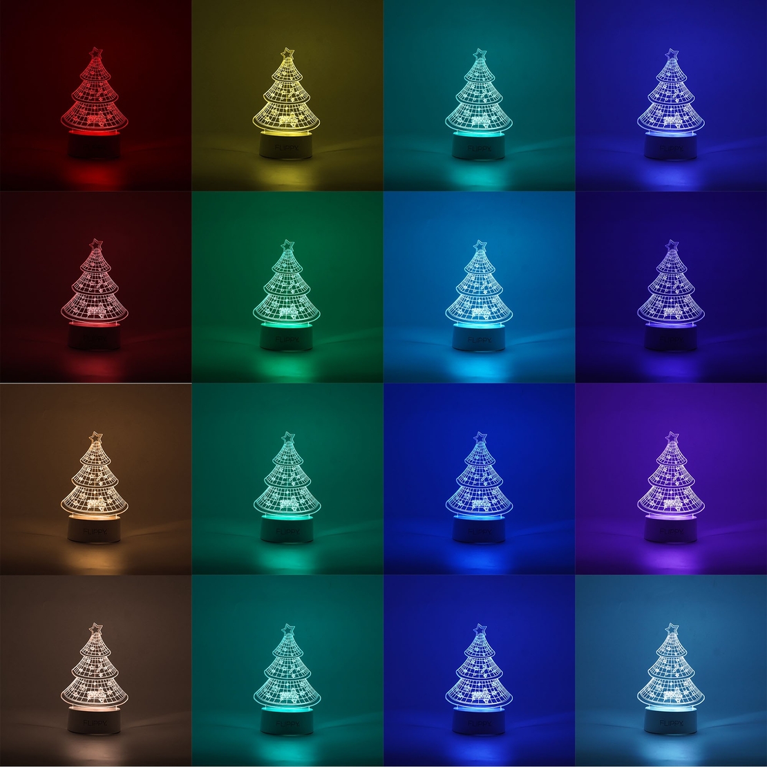 Lampa LED decorativa, Flippy, 3D, Pom de Craciun, din material acril si lumina multicolora, alb