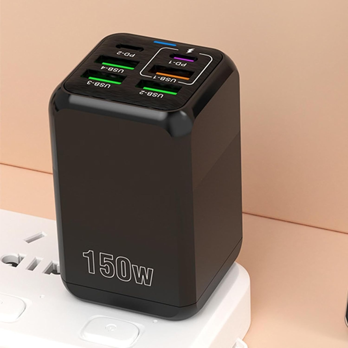Incarcator Multifunctional, Flippy®, 6 Porturi (2 x PD Type C + 4 USB), 150 W, 5V, 2.4A, Incarcare Rapida, 4.4 x 4.4 x 11 cm, Negru