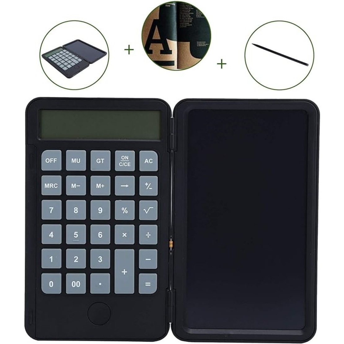 Calculator de Mana Reincarcabil cu Tabla de Scris, Flippy, Calculator Portabil, Ecran LCD, Afisaj cu 12 Cifre, Ecran de 15 cm, Culoare Negru