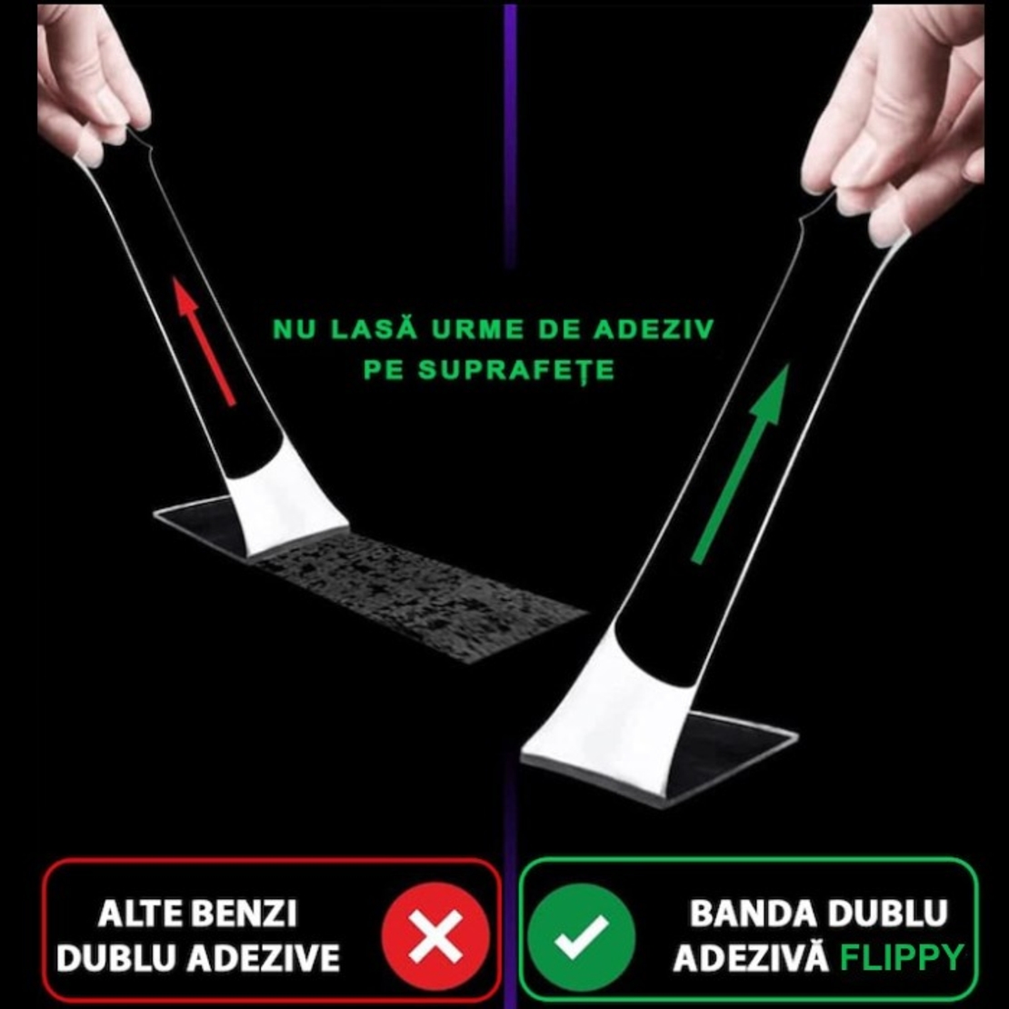 Banda Dublu Adeziva, Flippy, Transparenta, Rezistenta la Apa, Reutilizabila, Tehnologie Nano, 50mm x 1mm x 5m, Fara Urme