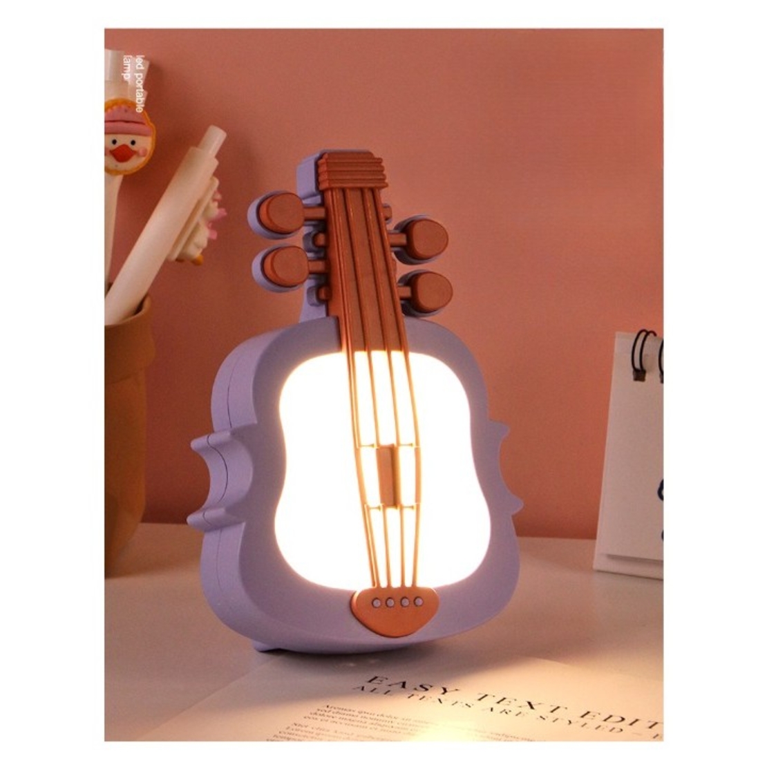 Lampa de Veghe, Flippy, cu Protectie pentru Ochi, Model Violina, Lumina Calda, Incarcare USB, ABS, 14.3x5x9.9 cm, Mov/ Portocaliu