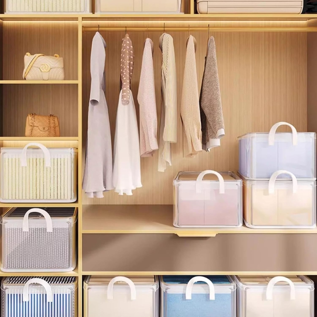 Cutie container de depozitare din PVC, Flippy, de stocare, Dimensiuni multiple, Accesoriu robust pentru organizarea de uz casnic, volum 26L, 47 x 28 x 20 cm, Transparenta