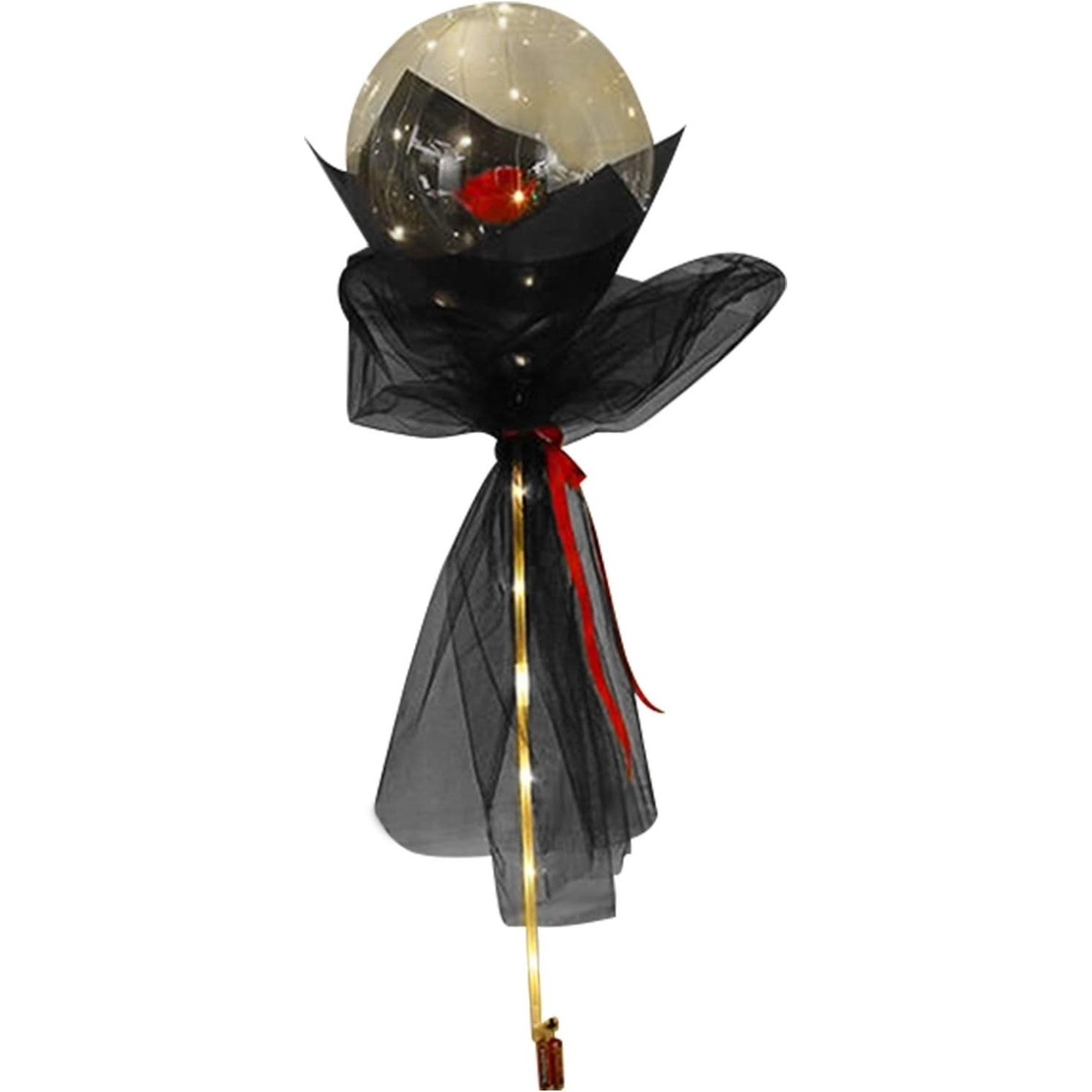 Buchet Decorativ, Flippy, Trandafir in Balon cu Lumini Led, Diametru 35 cm, 2 x Baterii AA (neincluse), Rosu/Negru