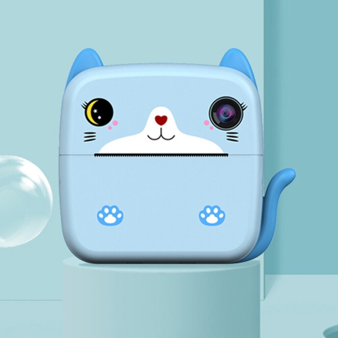 Camera Instantanee pentru Copii, Flippy, cu Functie de Printare, Camera Frontala + Selfie, Cablu USB-C, Bluetooth, Compatibil iOS/Android, Imprimare APP, Model Pisica, Albastru