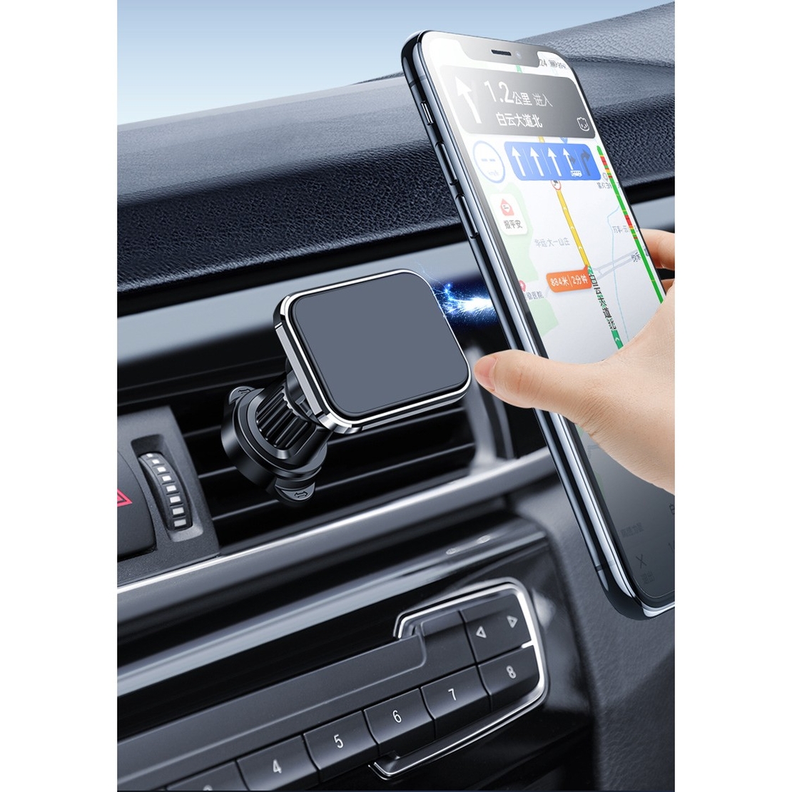 Suport Auto pentru Telefon, Flippy, MagSafe, cu Magnet, Prindere Grila de Ventilatie, Detalii Fine, Rotativ 360 de Grade, Plastic Magnet Silicon, 5.1x3.9 cm, Negru Argintiu