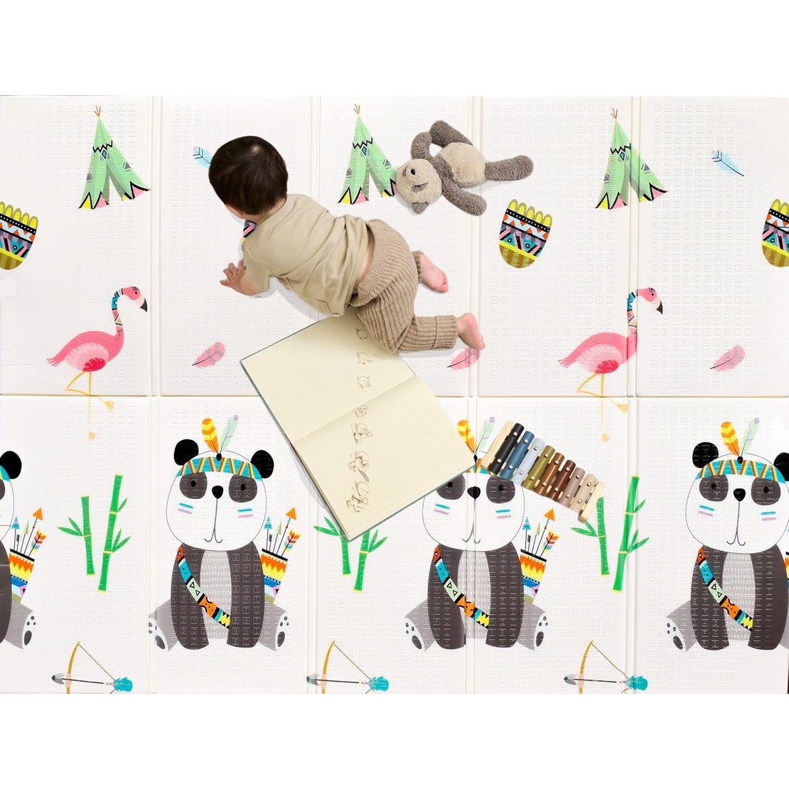 Covoras pentru Copii, Flippy, cu 2 Fete, Model Caprioare/Panda, din XPE+PE, Impermeabil, Antiderapant, Protectie Termica, +3 Luni, Pliabil, 150 x 200 x 1 cm, Multicolor