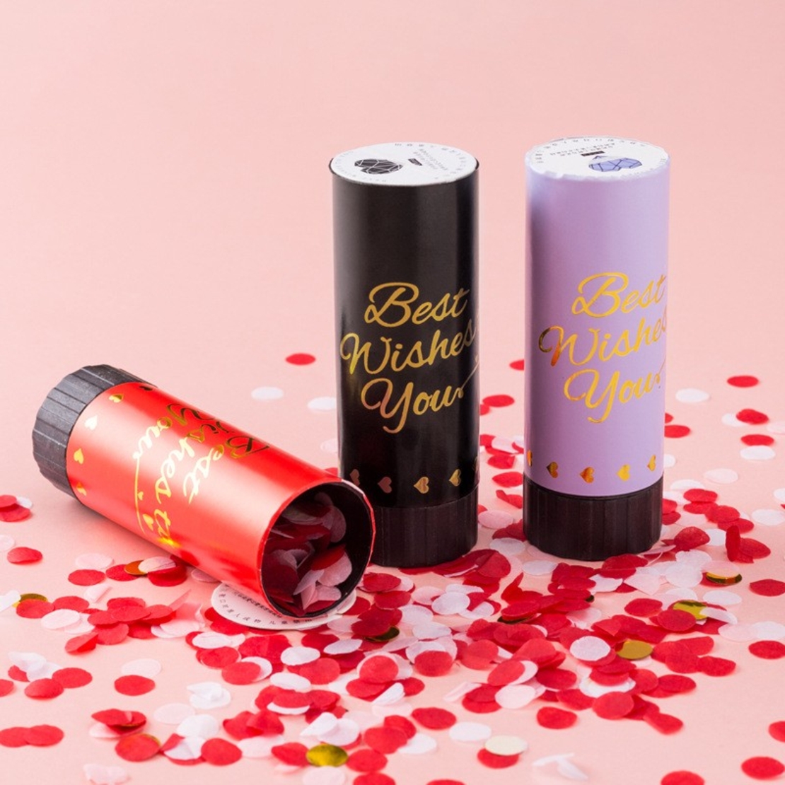 Tun de Confetti, Flippy, Best Wishes 11 x 4 cm, Model Buline din Hartie si Folie, Rosu
