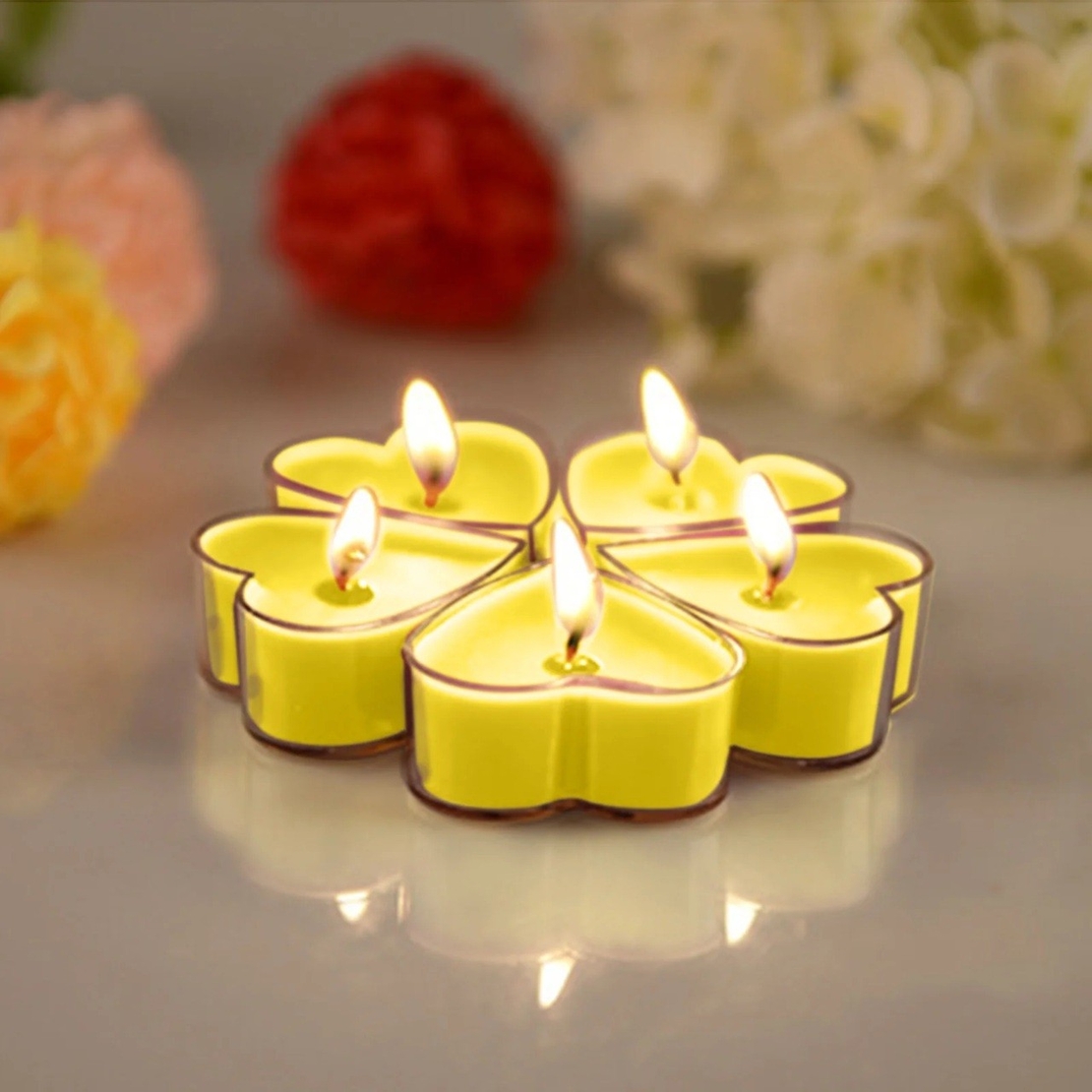 Set 9 Lumanari in Forma de Inima, Flippy, pentru Ziua Indragostitilor, Aroma de Citrice, Ardere 3.5 h, din Parafina, 4 x 2 cm, Galben