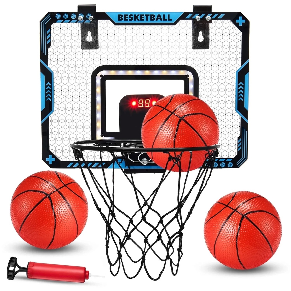 Cos de Baschet pentru Copii, Flippy, cu Tablou de Bord Electronic, Minge, Pompa, 2 Moduri, Interior/Exterior, Inel Metalic si Rabatabil cu Arc, Luminos, 41x31x5 cm, Multicolor